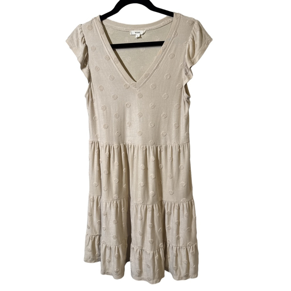 MINE Beige Tiered Mini Dress Textured Dot Size S Casual V-Neck